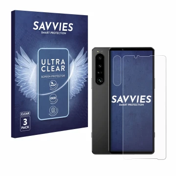 Front side of a product packaging with the brand logo Savvies. Next to it is the device Sony Xperia 1 IV (Front+Camera) shown 