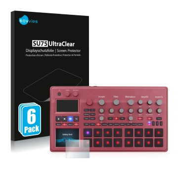 Front side of a product packaging with the brand logo Savvies. Next to it is the device KORG electribe Sampler shown with the 