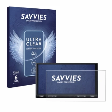 Front side of a product packaging with the brand logo Savvies. Next to it is the device Sony XAV-AX5650 shown with the corresp