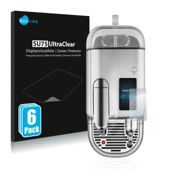 Front side of a product packaging with the brand logo Savvies. Next to it is the device Sage Nespresso Creatista Pro shown wit