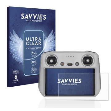 Front side of a product packaging with the brand logo Savvies. Next to it is the device DJI RC Controller shown with the corre