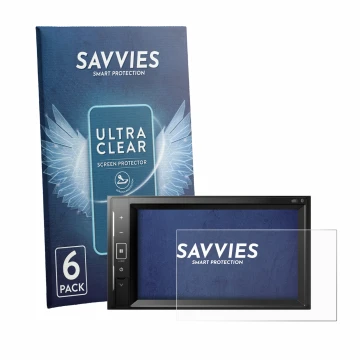 Front side of a product packaging with the brand logo Savvies. Next to it is the device Pioneer AVH-A240DAB shown with the cor