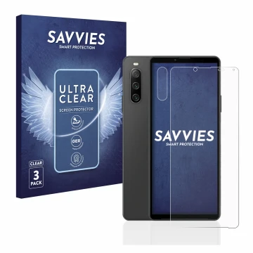 Front side of a product packaging with the brand logo Savvies. Next to it is the device Sony Xperia 10 IV (Front+Camera) shown