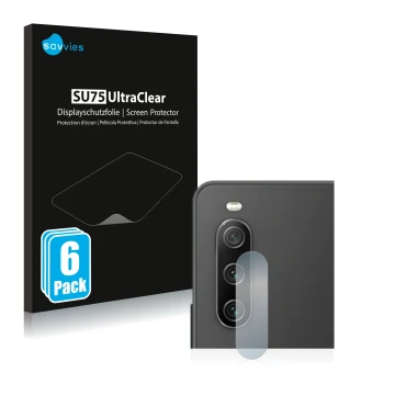 Front side of a product packaging with the brand logo Savvies. Next to it is the device Sony Xperia 10 IV (ONLY Camera Lens) s