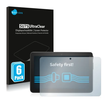 Front side of a product packaging with the brand logo Savvies. Next to it is the device Amazon Fire 7 2022 shown with the corr