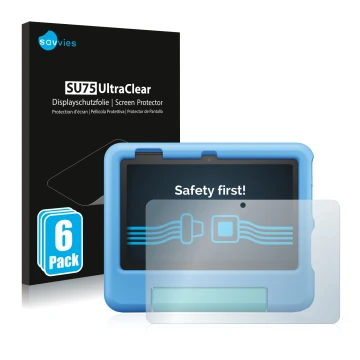 Front side of a product packaging with the brand logo Savvies. Next to it is the device Amazon Fire 7 Kids 2022 shown with the