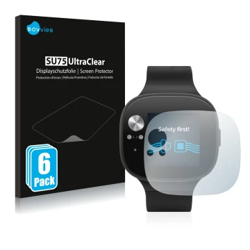 Front side of a product packaging with the brand logo Savvies. Next to it is the device ASUS Vivowatch BP shown with the corre