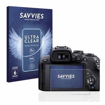Front side of a product packaging with the brand logo Savvies. Next to it is the device Canon EOS R10 shown with the correspon