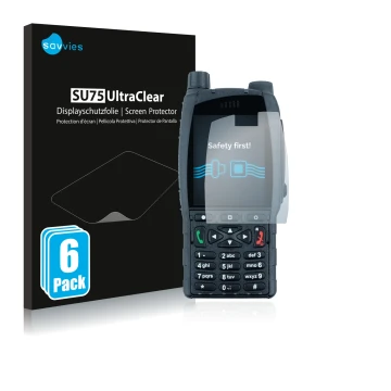 Front side of a product packaging with the brand logo Savvies. Next to it is the device Sepura SC21 shown with the correspondi