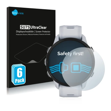 Front side of a product packaging with the brand logo Savvies. Next to it is the device Garmin Forerunner 955 Solar shown with