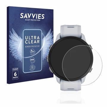 Front side of a product packaging with the brand logo Savvies. Next to it is the device Garmin Forerunner 955 shown with the c