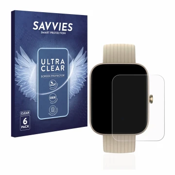 Front side of a product packaging with the brand logo Savvies. Next to it is the device Huami Amazfit Bip 3 Pro shown with the
