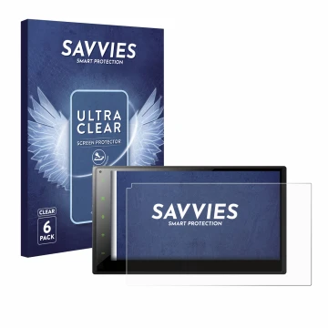 Front side of a product packaging with the brand logo Savvies. Next to it is the device Pioneer SPH-DA360DAB shown with the co