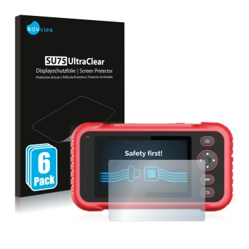 Front side of a product packaging with the brand logo Savvies. Next to it is the device Launch CRP 123 / 129 EVO shown with th