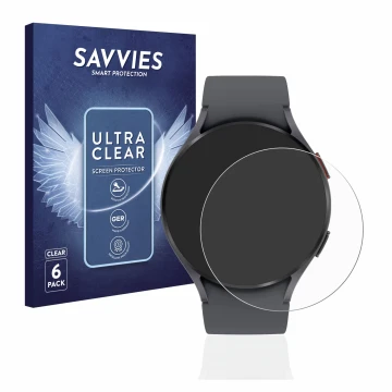 Front side of a product packaging with the brand logo Savvies. Next to it is the device Samsung Galaxy Watch 5 (44mm) shown wi