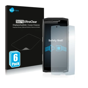 Front side of a product packaging with the brand logo Savvies. Next to it is the device Crosscall Core-X5 shown with the corre