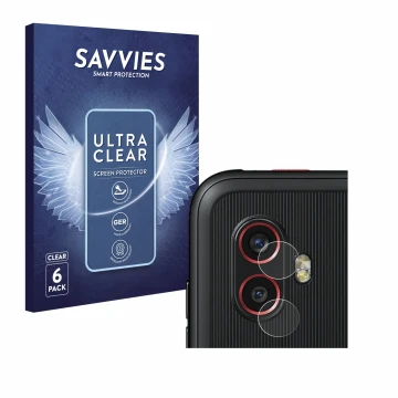 Front side of a product packaging with the brand logo Savvies. Next to it is the device Samsung Galaxy Xcover 6 Pro (ONLY Came