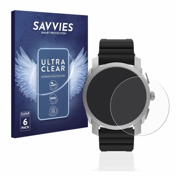 Front side of a product packaging with the brand logo Savvies. Next to it is the device Fossil Gen 6 Hybrid Machine (45mm) sho