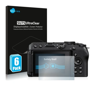 Front side of a product packaging with the brand logo Savvies. Next to it is the device Nikon Z 30 shown with the correspondin