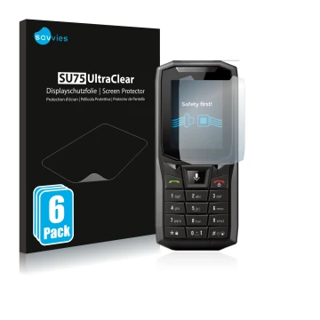 Front side of a product packaging with the brand logo Savvies. Next to it is the device Crosscall Core-S4 shown with the corre