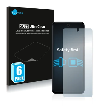 Front side of a product packaging with the brand logo Savvies. Next to it is the device Xiaomi Poco X4 GT shown with the corre