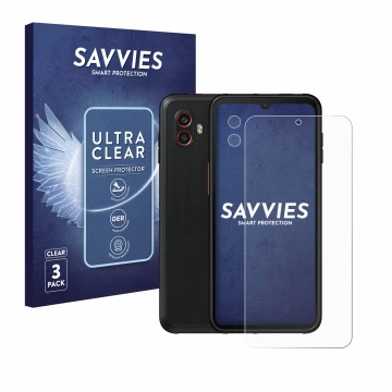 Front side of a product packaging with the brand logo Savvies. Next to it is the device Samsung Galaxy Xcover 6 Pro (Front+Cam
