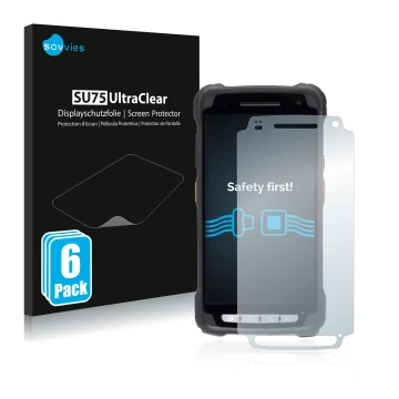 Front side of a product packaging with the brand logo Savvies. Next to it is the device Janam XT3 shown with the corresponding