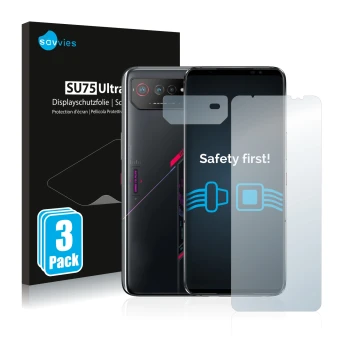 Front side of a product packaging with the brand logo Savvies. Next to it is the device ASUS ROG Phone 6 (Front+Camera) shown 