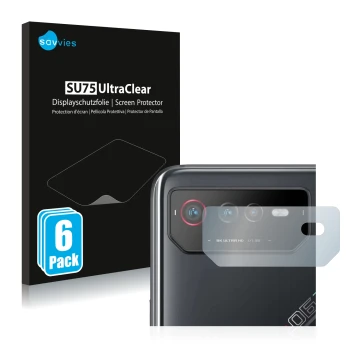 Front side of a product packaging with the brand logo Savvies. Next to it is the device ASUS ROG Phone 6 (ONLY Camera Lens) sh