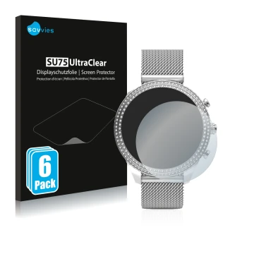 Front side of a product packaging with the brand logo Savvies. Next to it is the device Fossil Stella (6. Gen) shown with the 