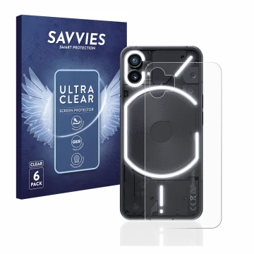 Front side of a product packaging with the brand logo Savvies. Next to it is the device Nothing Phone (1) (Back) shown with th