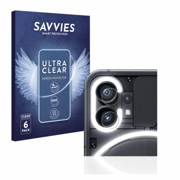 Front side of a product packaging with the brand logo Savvies. Next to it is the device Nothing Phone (1) (ONLY Camera Lens) s