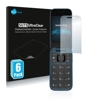 Front side of a product packaging with the brand logo Savvies. Next to it is the device Nokia 2660 Flip shown with the corresp