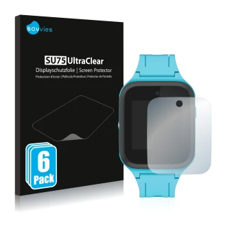 Front side of a product packaging with the brand logo Savvies. Next to it is the device TCL Movetime Family Watch MT40 shown w