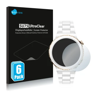 Front side of a product packaging with the brand logo Savvies. Next to it is the device Huawei Watch GT 3 Pro Ceramic (43mm) s