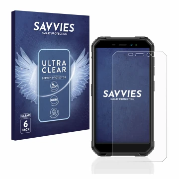 Front side of a product packaging with the brand logo Savvies. Next to it is the device Ulefone Armor X6 Pro shown with the co