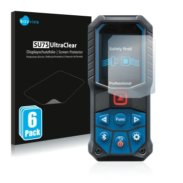 Front side of a product packaging with the brand logo Savvies. Next to it is the device Bosch GLM 50-27 C shown with the corre