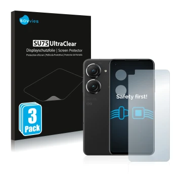 Front side of a product packaging with the brand logo Savvies. Next to it is the device ASUS ZenFone 9 (Front+Camera) shown wi