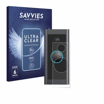 Front side of a product packaging with the brand logo Savvies. Next to it is the device Ring Video Doorbell Wired shown with t
