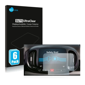 Front side of a product packaging with the brand logo Savvies. Next to it is the device Fiat 500L 2022 Uconnect 7