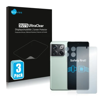 Front side of a product packaging with the brand logo Savvies. Next to it is the device OnePlus 10T 5G (Front+Camera) shown wi