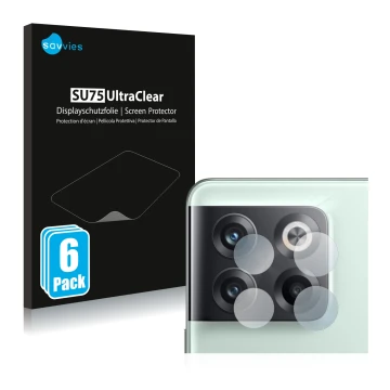 Front side of a product packaging with the brand logo Savvies. Next to it is the device OnePlus 10T 5G (ONLY Camera Lens) show