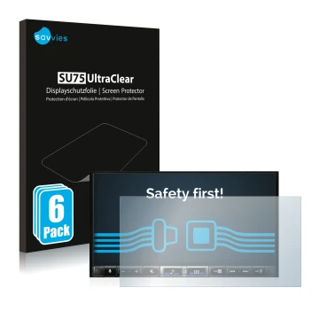 Front side of a product packaging with the brand logo Savvies. Next to it is the device Alpine iLX-705D shown with the corresp