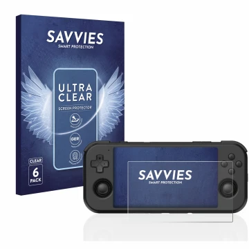 Front side of a product packaging with the brand logo Savvies. Next to it is the device Retroid Pocket 3 shown with the corres