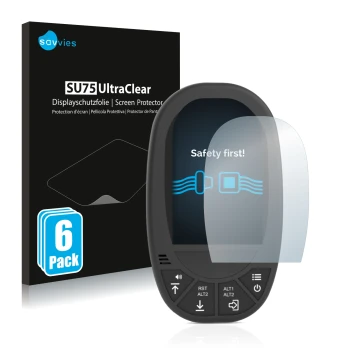 Front side of a product packaging with the brand logo Savvies. Next to it is the device Flymaster GPS LS shown with the corres