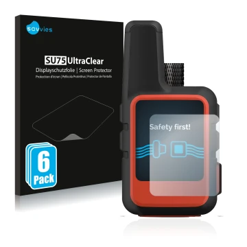 Front side of a product packaging with the brand logo Savvies. Next to it is the device Garmin inReach Mini 2 shown with the c