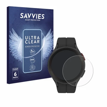 Front side of a product packaging with the brand logo Savvies. Next to it is the device Samsung Galaxy Watch 5 Pro shown with 