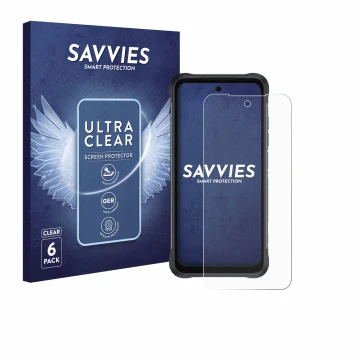 Front side of a product packaging with the brand logo Savvies. Next to it is the device Umidigi Bison 2 Pro shown with the cor