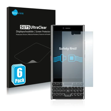 Front side of a product packaging with the brand logo Savvies. Next to it is the device Unihertz Titan Slim shown with the cor