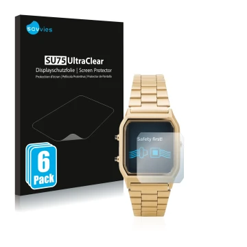 Front side of a product packaging with the brand logo Savvies. Next to it is the device Casio AQ-230GA shown with the correspo